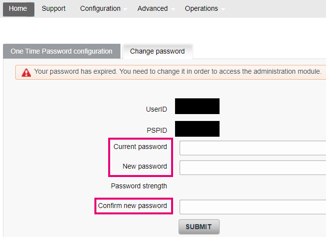 Enter current and new password to request for new password